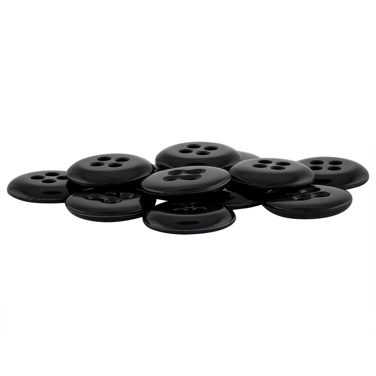 A pile of black heavy-duty Suspender Brace Pant Buttons with four holes, displayed on a white background.