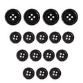 Fourteen Standard Suit Buttons, black with four holes each, are arranged in a triangle on a white background—ideal replacements for your suit.