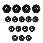 Fourteen Standard Suit Buttons, black with four holes each, are arranged in a triangle on a white background—ideal replacements for your suit.