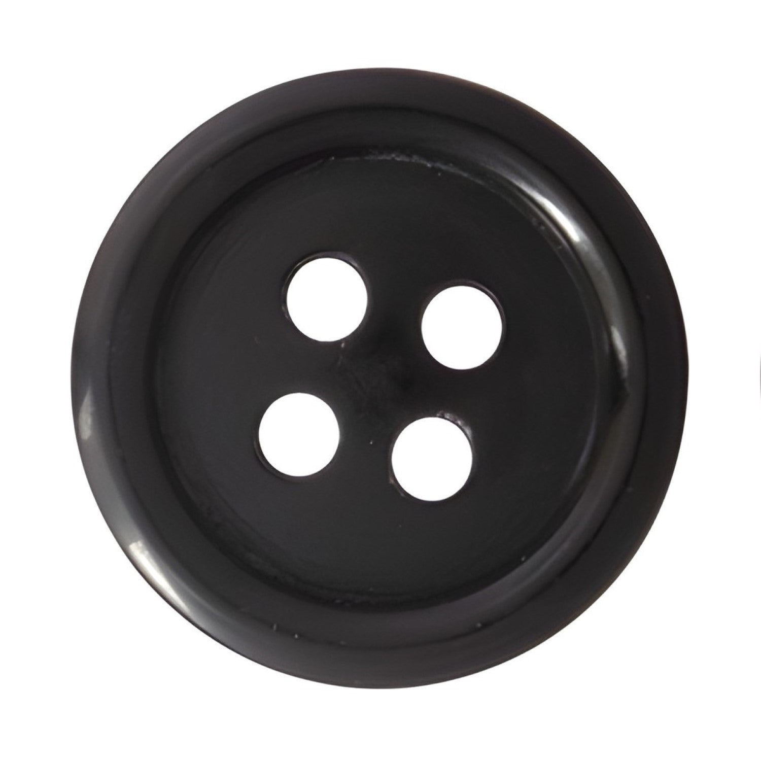 The Standard Suit Buttons are round, black, and feature four holes—ideal replacement buttons for suit jackets or black blazers, shown from above on a white background.