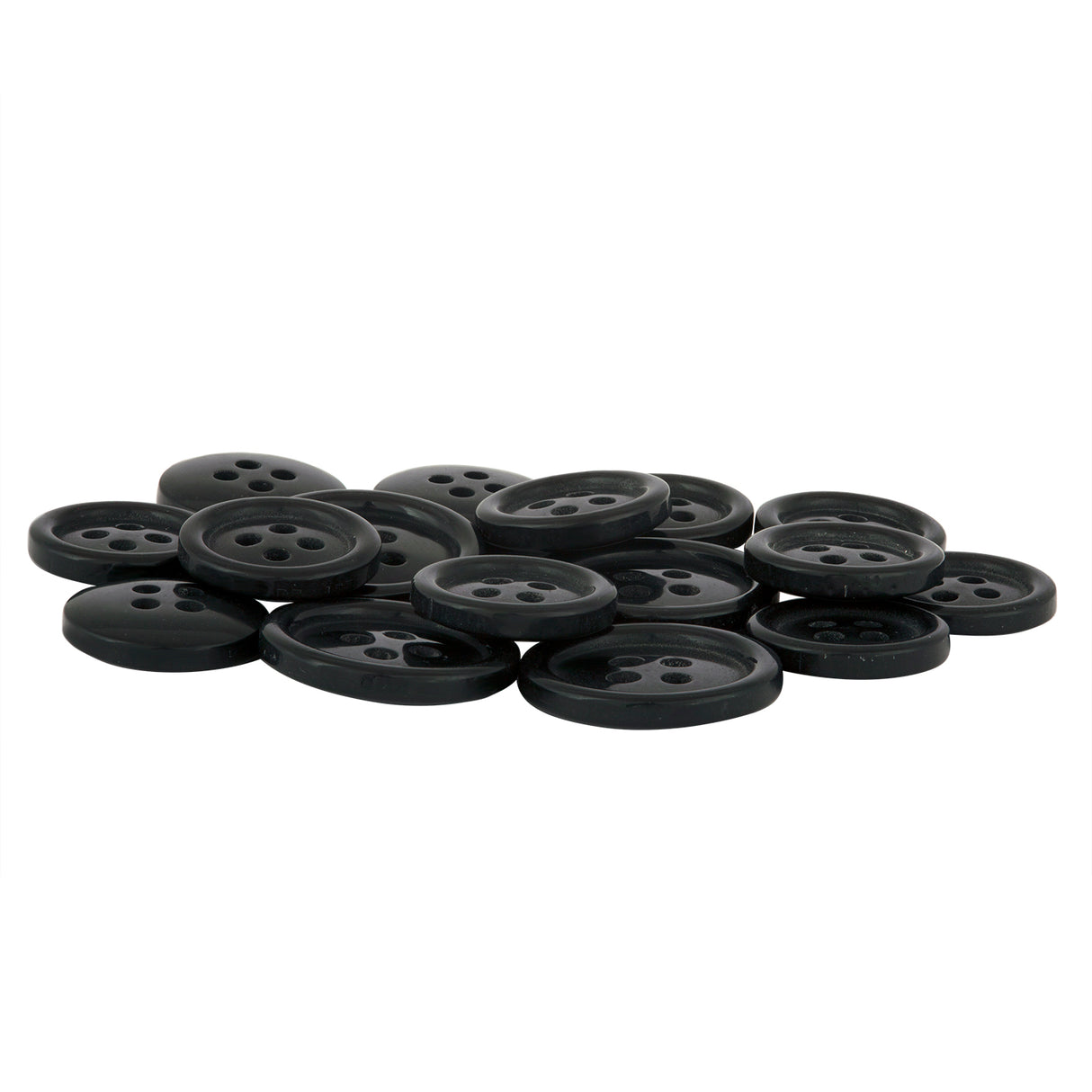 A pile of Standard Suit Buttons, black, round, and four-holed, is scattered on a white surface.