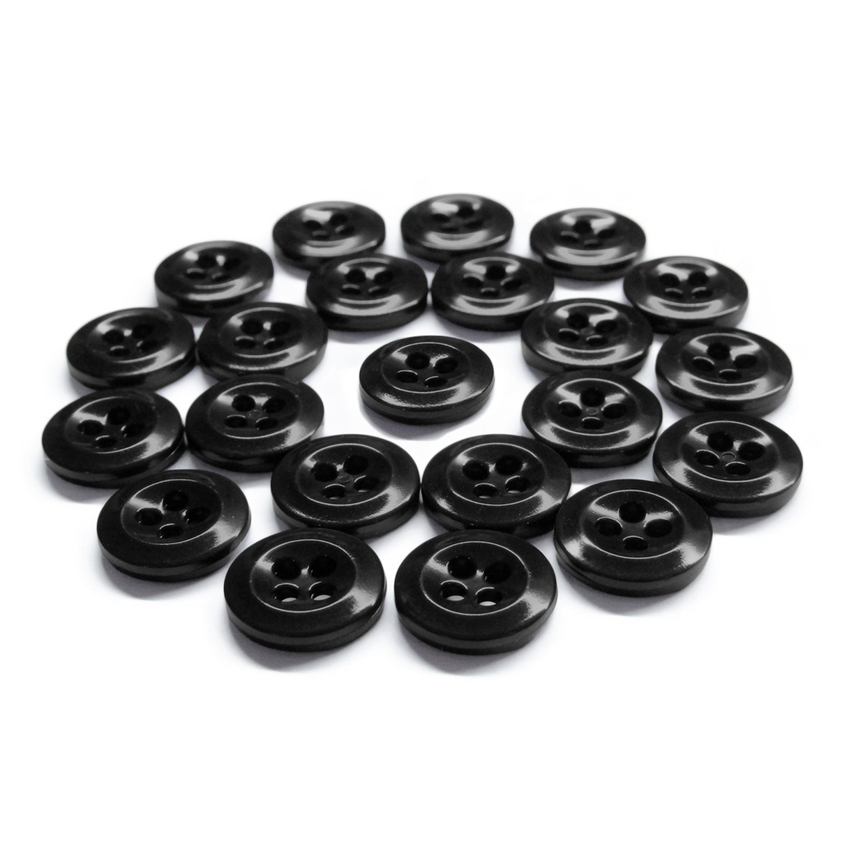 Twenty black Work Shirt Buttons with four holes, arranged in a loose group on a white background.