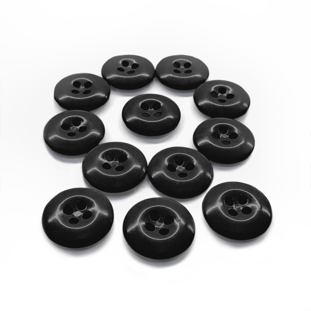 Twelve black Work Pants Buttons are arranged in a circular pattern on a white background.