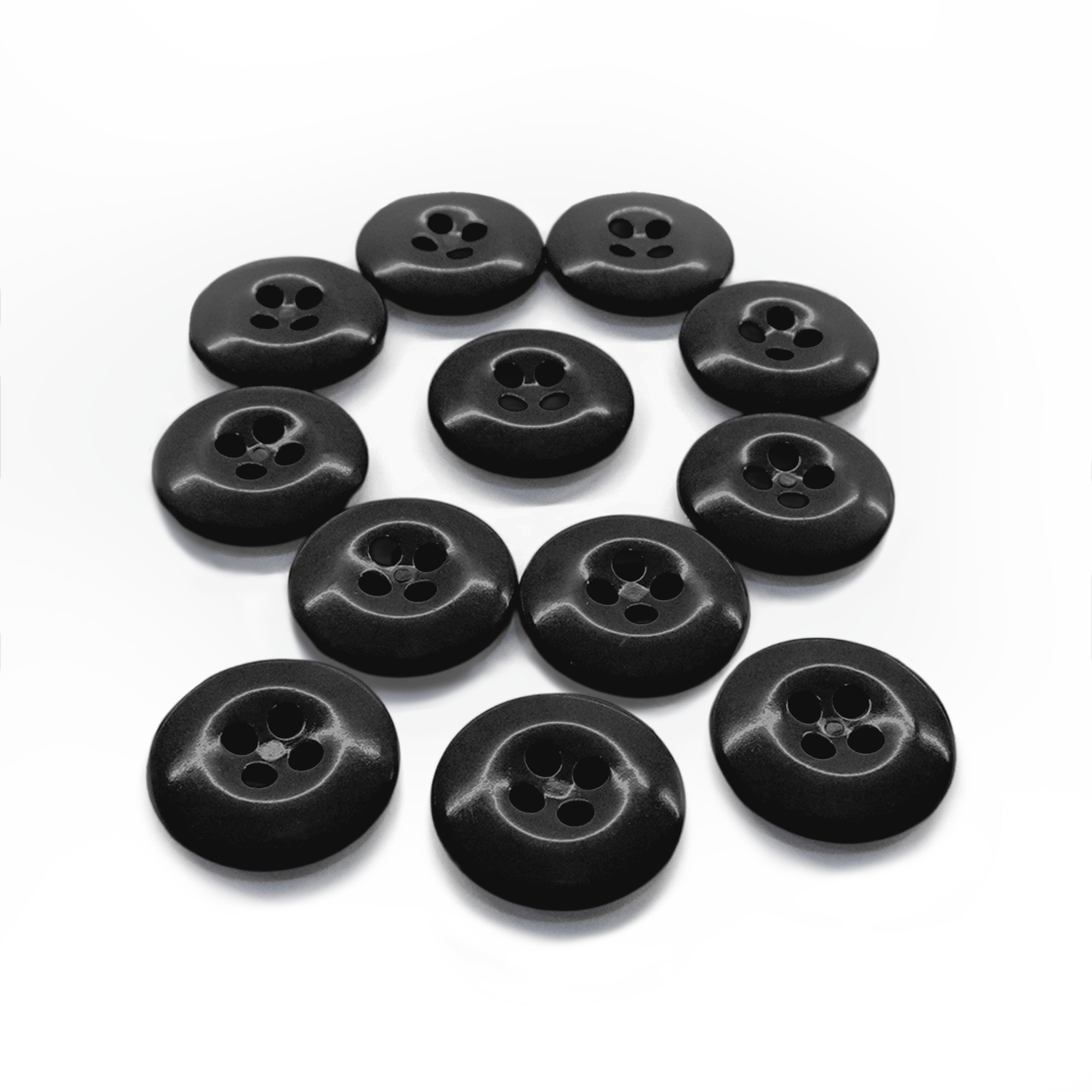 Twelve black Work Pants Buttons are arranged in a circular pattern on a white background.
