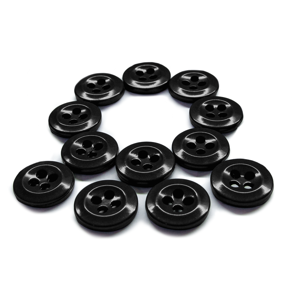 A pack of twelve durable Work Shirt Buttons, neatly arranged in a circle on a white background.