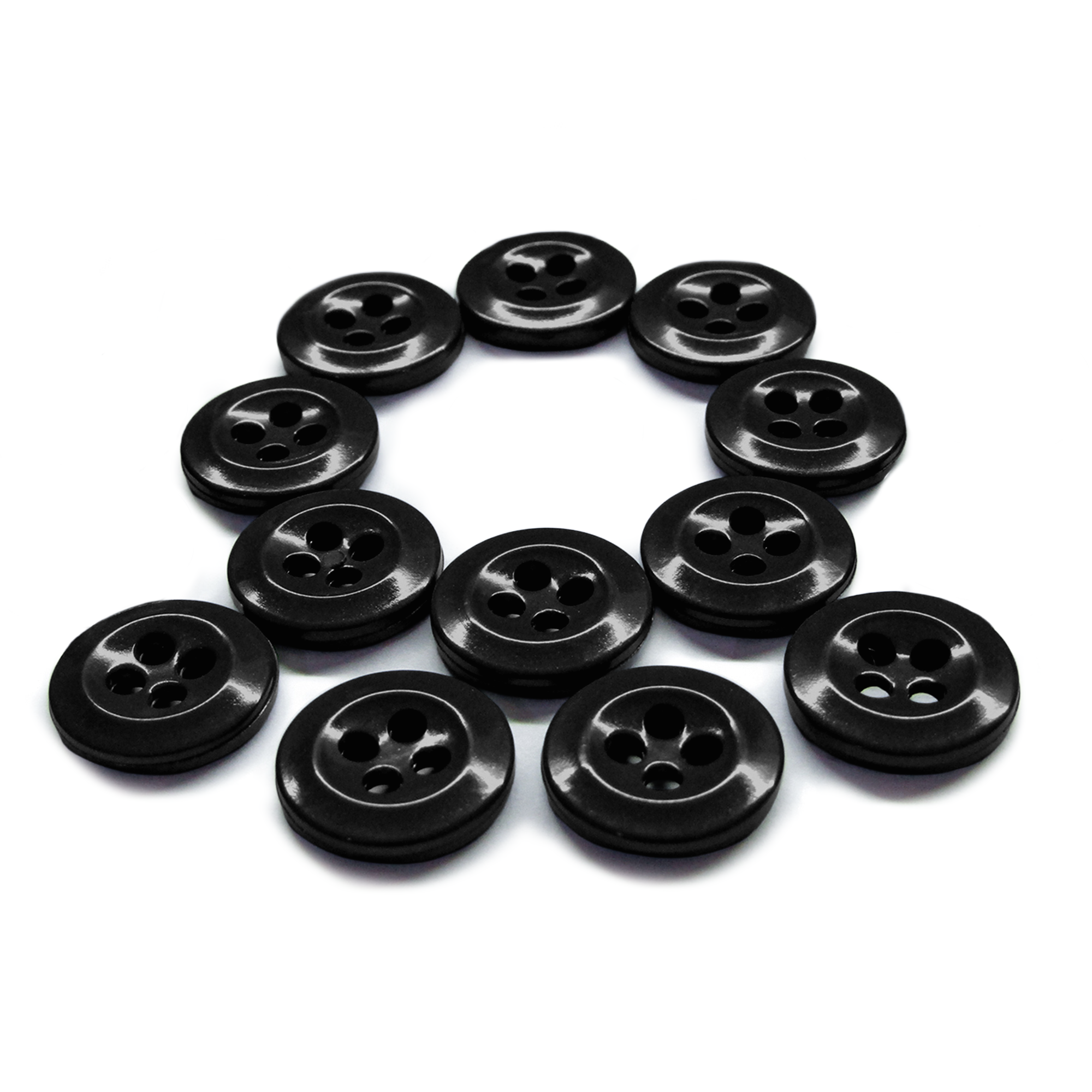 A pack of twelve durable Work Shirt Buttons, neatly arranged in a circle on a white background.