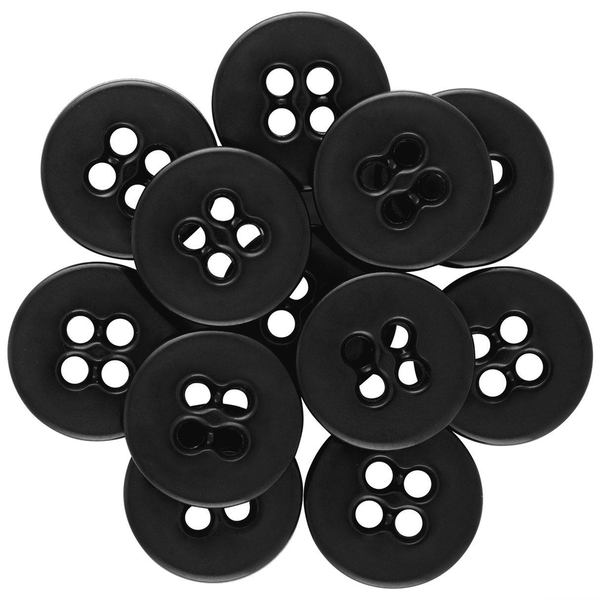 A cluster of Suspender Brace Pant Buttons, black and heavy-duty melamine with two or four holes, arranged in a circular pattern on a white background.