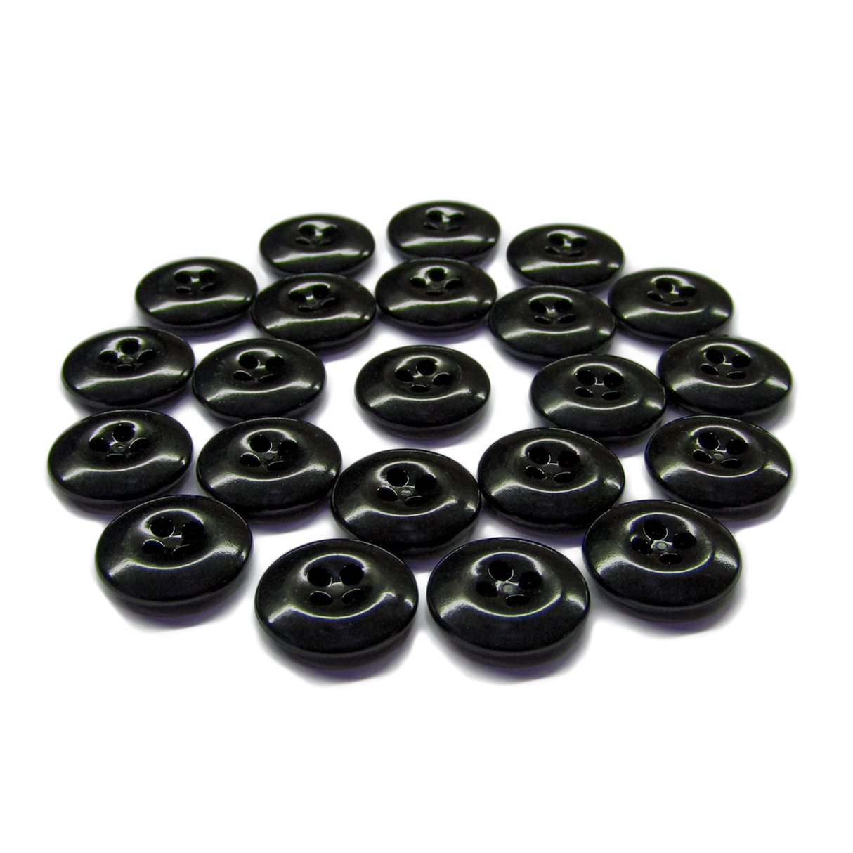 Twenty-seven black, round Work Pants Buttons arranged in a circle on a white background—perfect as replacement fasteners or for industrial work pants.