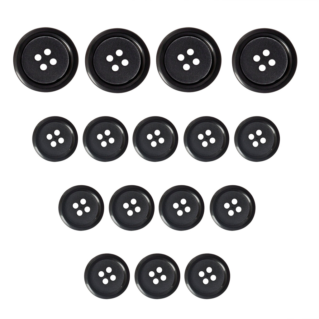 Sixteen Vegan Faux Horn Suit Buttons in black, arranged in three size-based rows from largest to smallest.