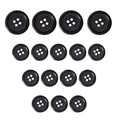 Sixteen Vegan Faux Horn Suit Buttons in black, arranged in three size-based rows from largest to smallest.