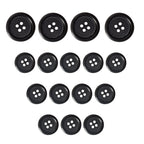 Sixteen Vegan Faux Horn Suit Buttons in black, arranged in three size-based rows from largest to smallest.