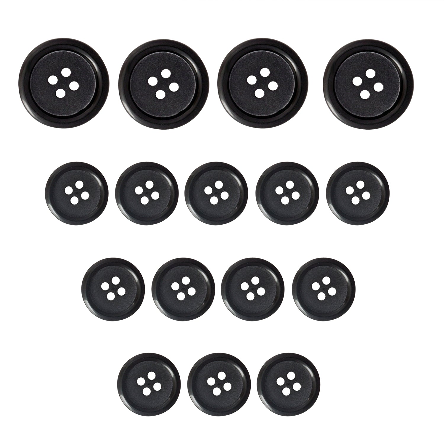 Sixteen Vegan Faux Horn Suit Buttons in black, arranged in three size-based rows from largest to smallest.