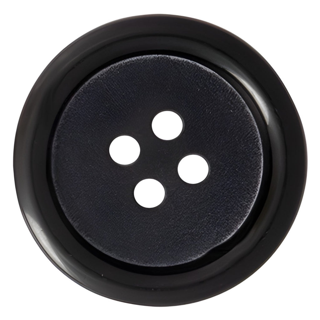 The Vegan Faux Horn Suit Button is black, round, and features four holes, shown from above on a white background.
