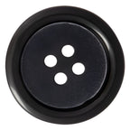 The Vegan Faux Horn Suit Button is black, round, and features four holes, shown from above on a white background.
