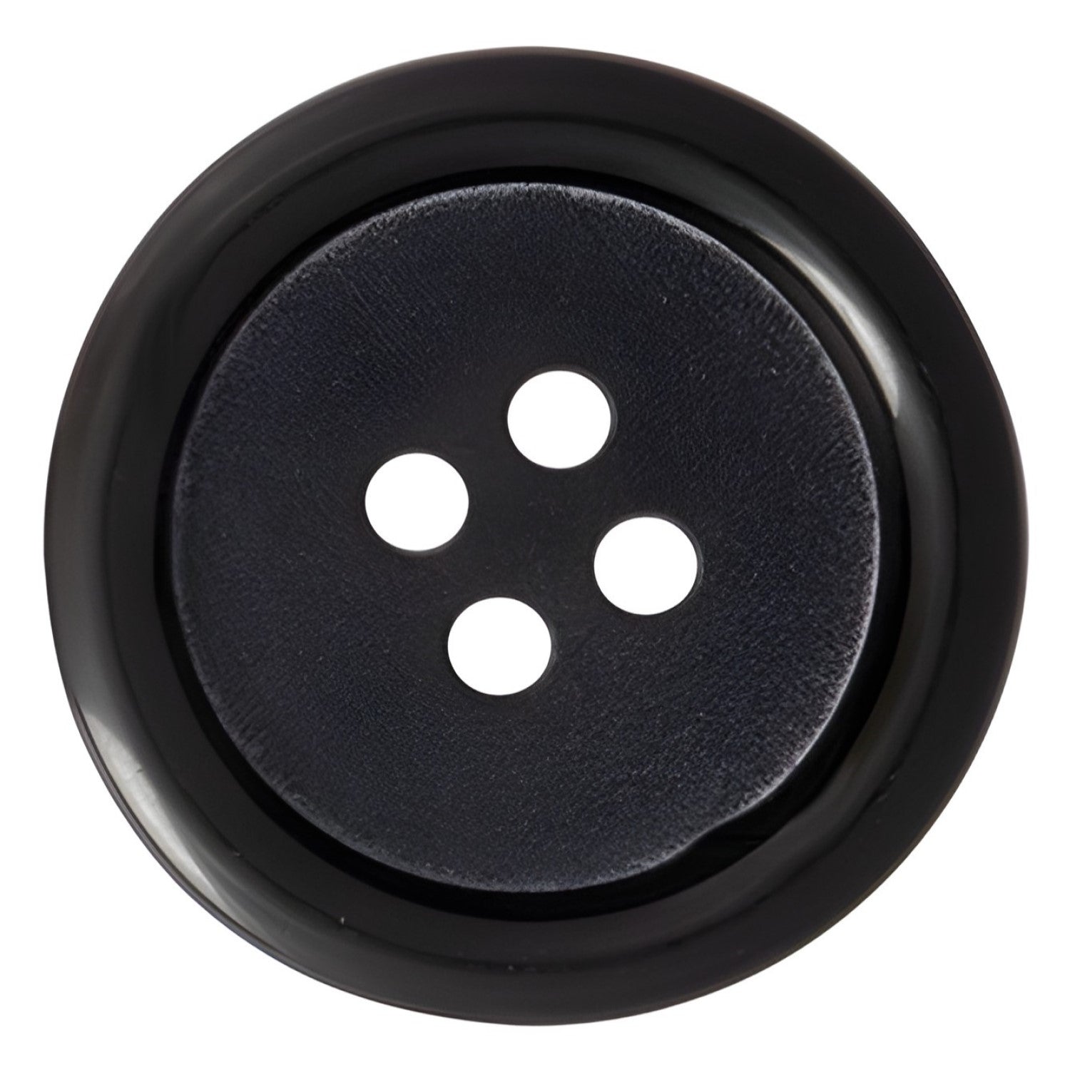 The Vegan Faux Horn Suit Button is black, round, and features four holes, shown from above on a white background.