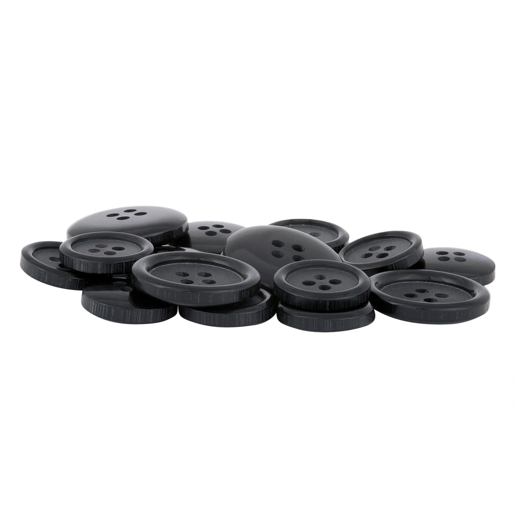 Vegan Faux Horn Suit Buttons—black, round, four-hole style—are scattered on a white background.