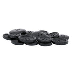 Vegan Faux Horn Suit Buttons—black, round, four-hole style—are scattered on a white background.