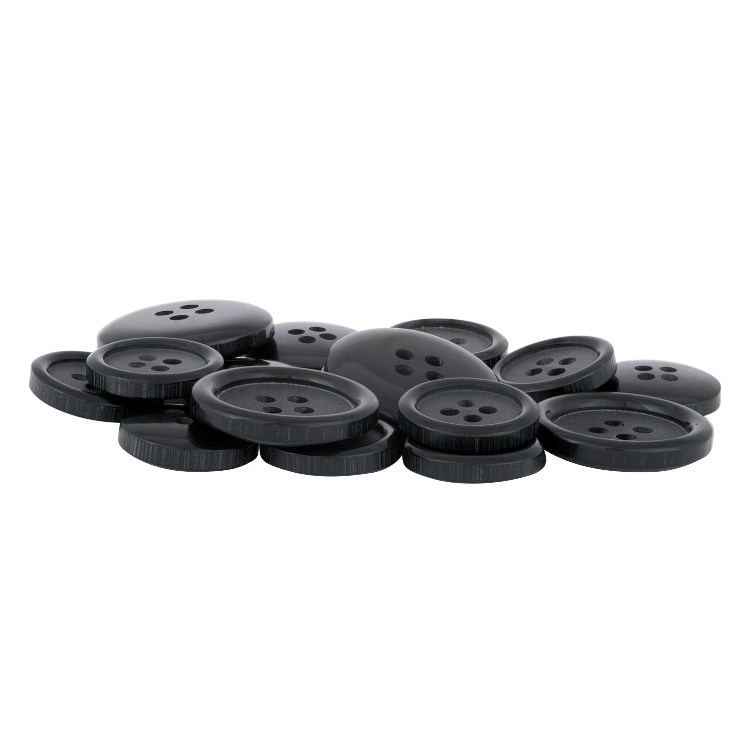 Vegan Faux Horn Suit Buttons—black, round, four-hole style—are scattered on a white background.