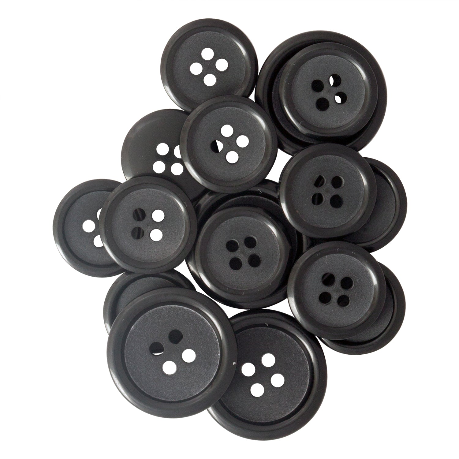 A scattering of Vegan Faux Horn Suit Buttons, each black with four holes, displayed against a white background.
