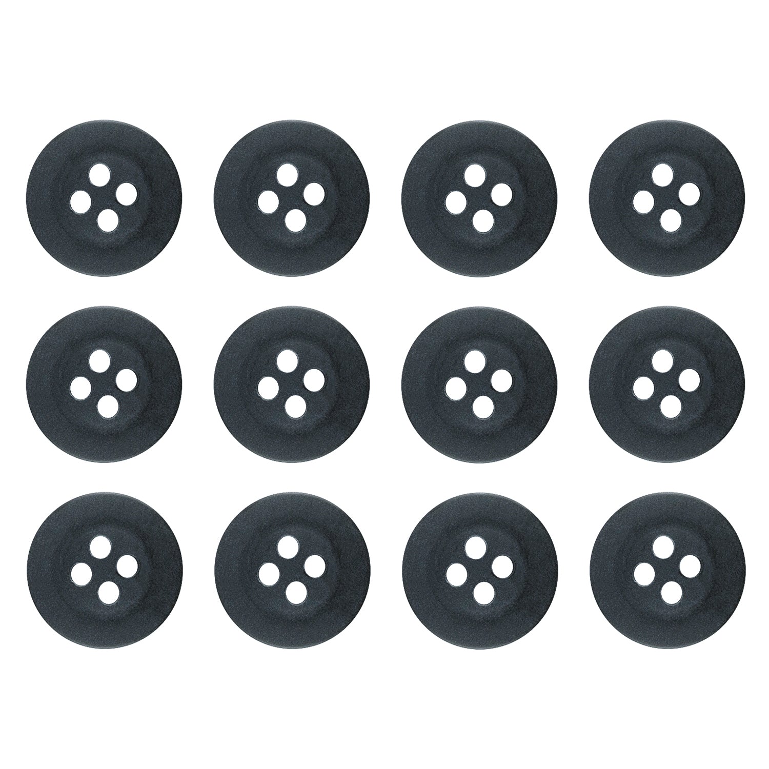 Set of 12 black Khakis, Chinos and Casual Cotton Pant Buttons, each with four holes, arranged in a 3x4 grid on a white background—perfect replacements for pants.