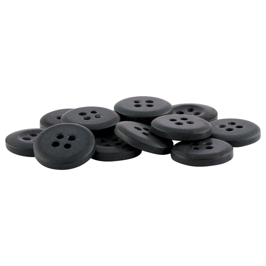 A pile of black, round, four-hole Khakis, Chinos and Casual Cotton Pant Buttons is arranged on a white background.