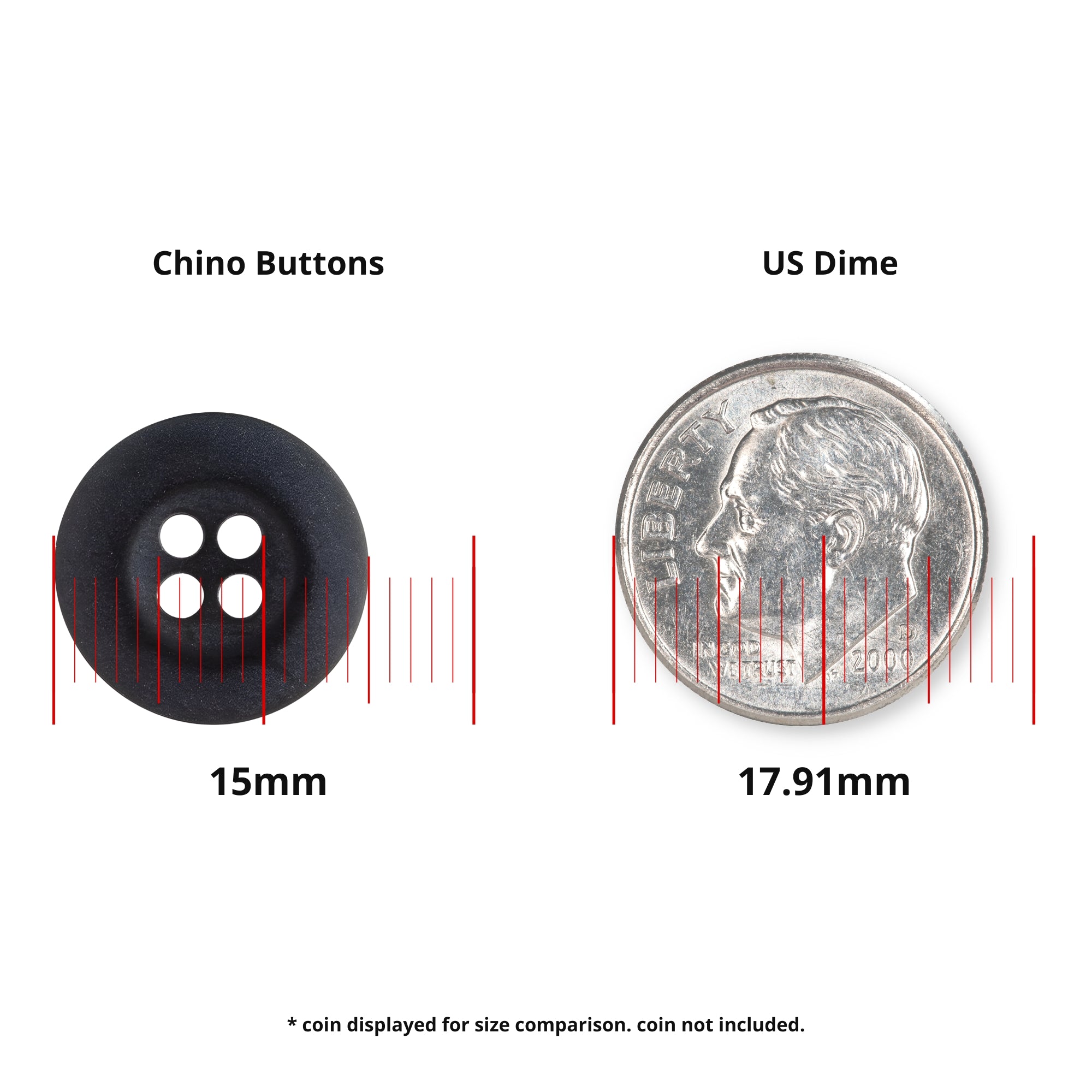 A Khakis, Chinos and Casual Cotton Pant Button in black shown beside a US dime for size; the button is 15mm across, compared to the 17.91mm width of the dime.