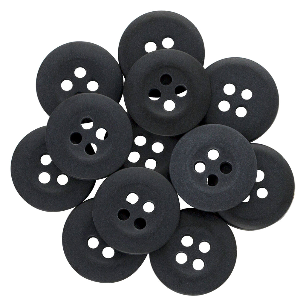 A collection of black, round Khakis, Chinos and Casual Cotton Pant Buttons with four holes, arranged in a circular pile—ideal for replacing pants buttons.