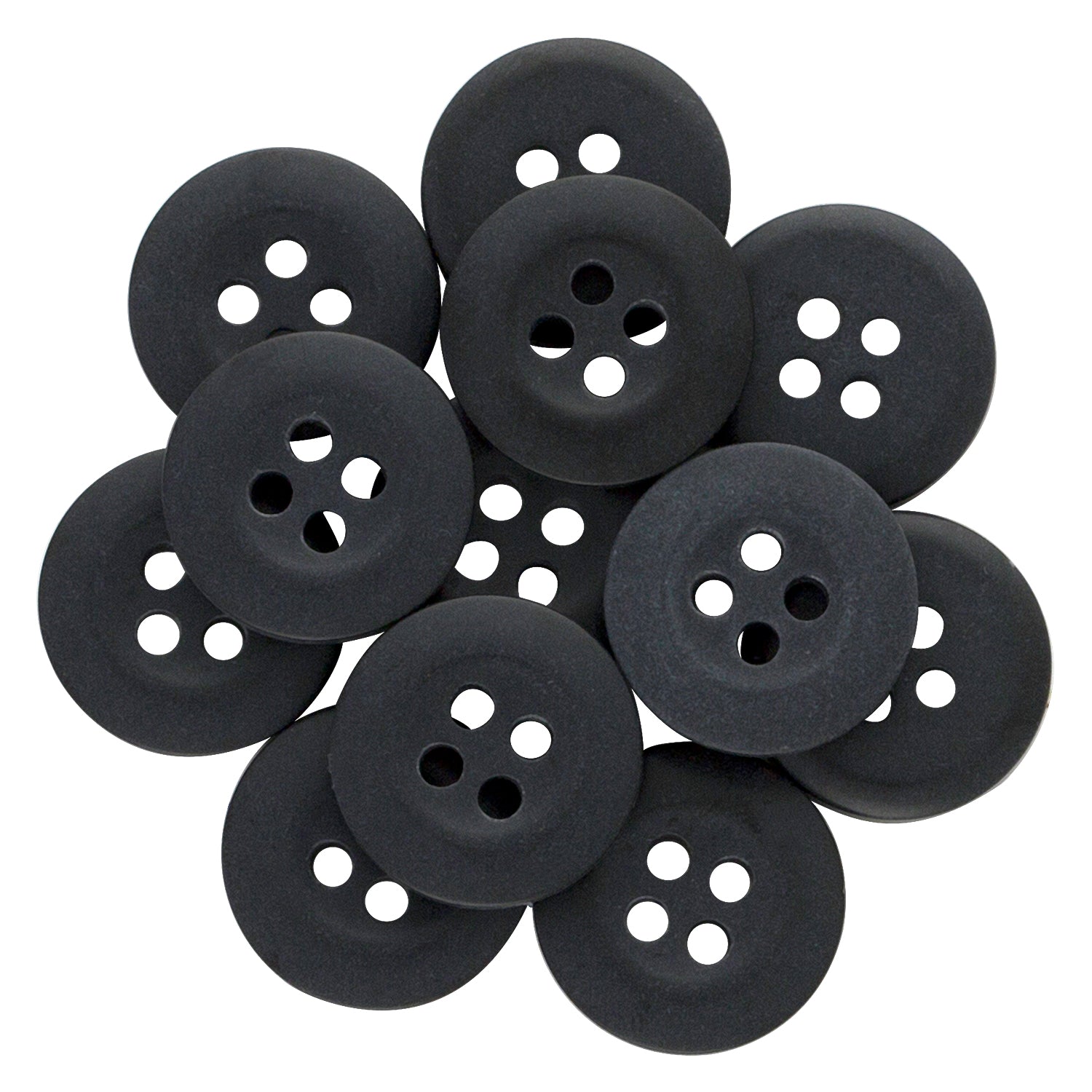 A collection of black, round Khakis, Chinos and Casual Cotton Pant Buttons with four holes, arranged in a circular pile—ideal for replacing pants buttons.
