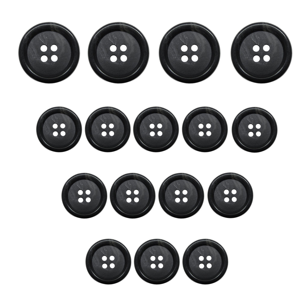 Fourteen Vegan Faux Horn Suit Buttons in four rows, sorted largest to smallest—ideal for ethical sewing projects or sustainable suits.