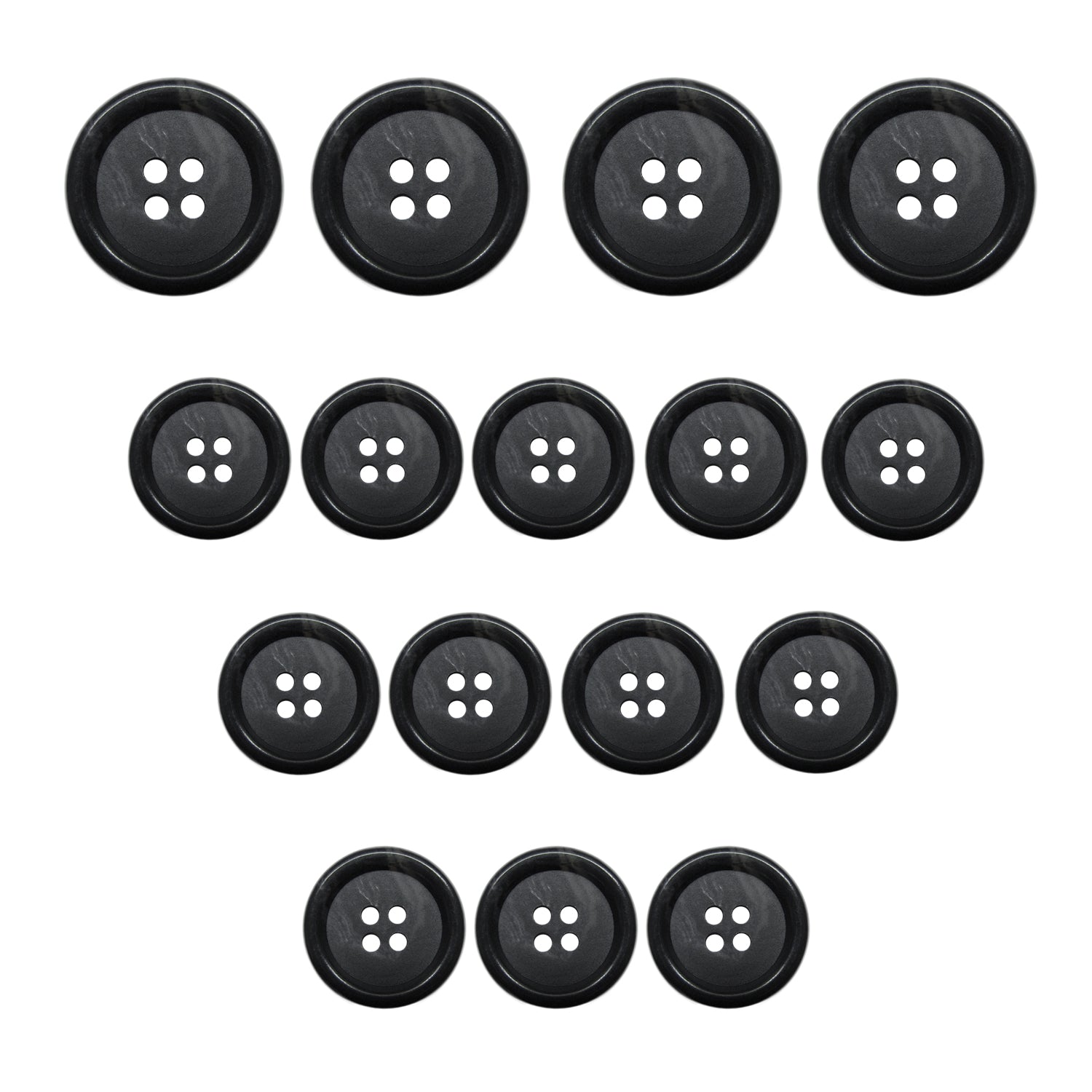 Fourteen Vegan Faux Horn Suit Buttons in four rows, sorted largest to smallest—ideal for ethical sewing projects or sustainable suits.