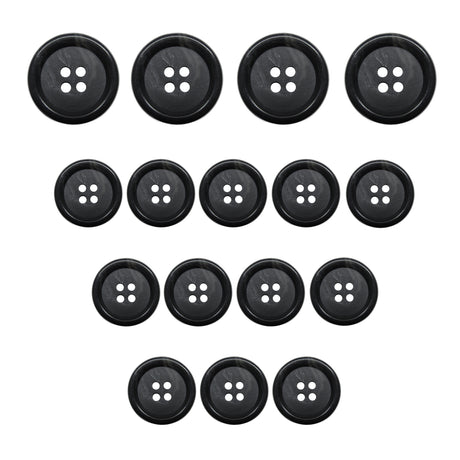 Fourteen Vegan Faux Horn Suit Buttons in four rows, sorted largest to smallest—ideal for ethical sewing projects or sustainable suits.