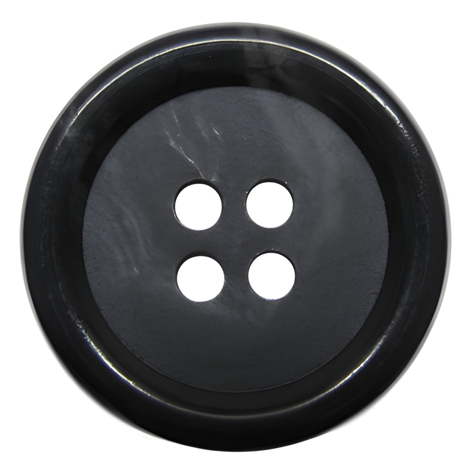 The Vegan Faux Horn Suit Button is a round black button with four center holes, shown on a white background—perfect for sustainable suits or ethical sewing projects.