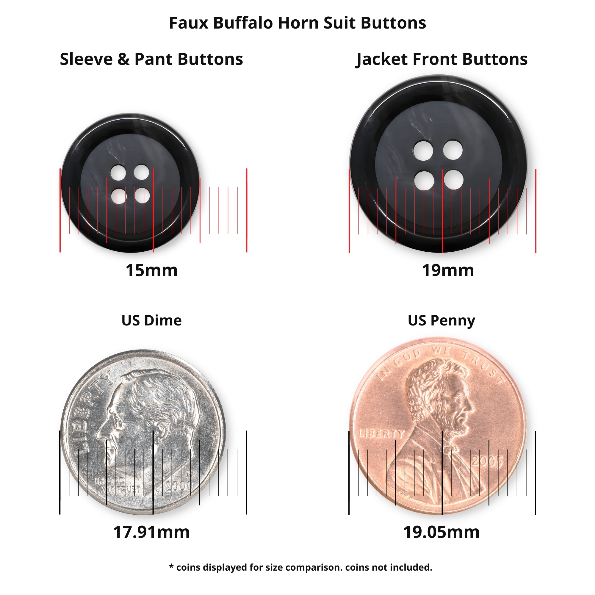Two black Vegan Faux Horn Suit Buttons, shown beside a US dime and penny for size comparison, with measurements provided in millimeters.