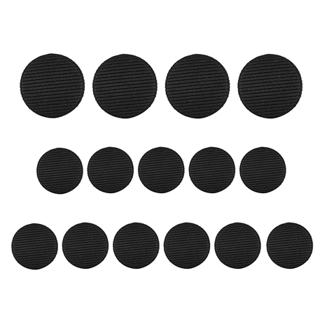 Fourteen round, black, textured Tuxedo Suit Buttons are arranged in three rows on a white background.