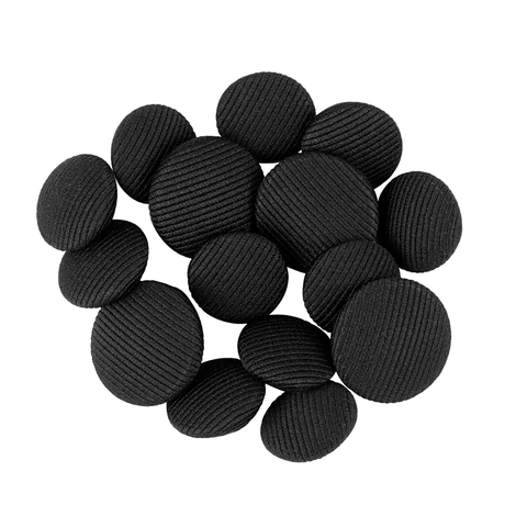 A pile of Tuxedo Suit Buttons, round and black with ribbed fabric covers, arranged on a white background.