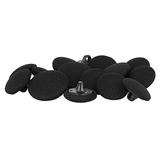 A collection of round, black Tuxedo Suit Buttons with shanks is displayed on a white surface.