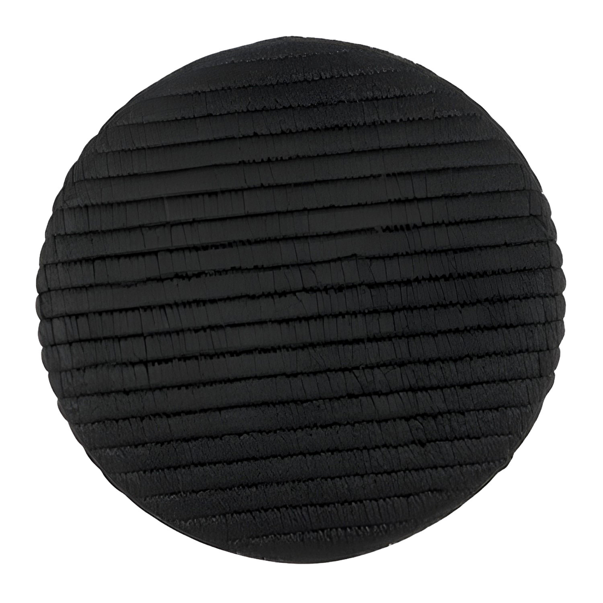 A round, black Tuxedo Suit Button with textured horizontal ridges is shown against a white background, resembling classic formalwear buttons.