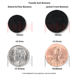 Tuxedo Suit Buttons, including black satin options, are shown with size comparisons to a US dime and penny; each button’s measurements are clearly labeled.