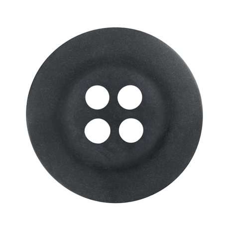 Khakis, Chinos and Casual Cotton Pant Buttons—black, round 4-hole button, seen from above on white; perfect as replacement buttons for shirts, coats, or khaki pants.