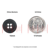 Khakis, Chinos and Casual Cotton Pant Button in black, 15mm four-hole nylon, ideal for black pants; shown beside a US dime (17.91mm) with red measurement lines for easy size comparison.