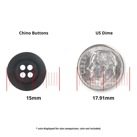 Khakis, Chinos and Casual Cotton Pant Button in black, 15mm four-hole nylon, ideal for black pants; shown beside a US dime (17.91mm) with red measurement lines for easy size comparison.