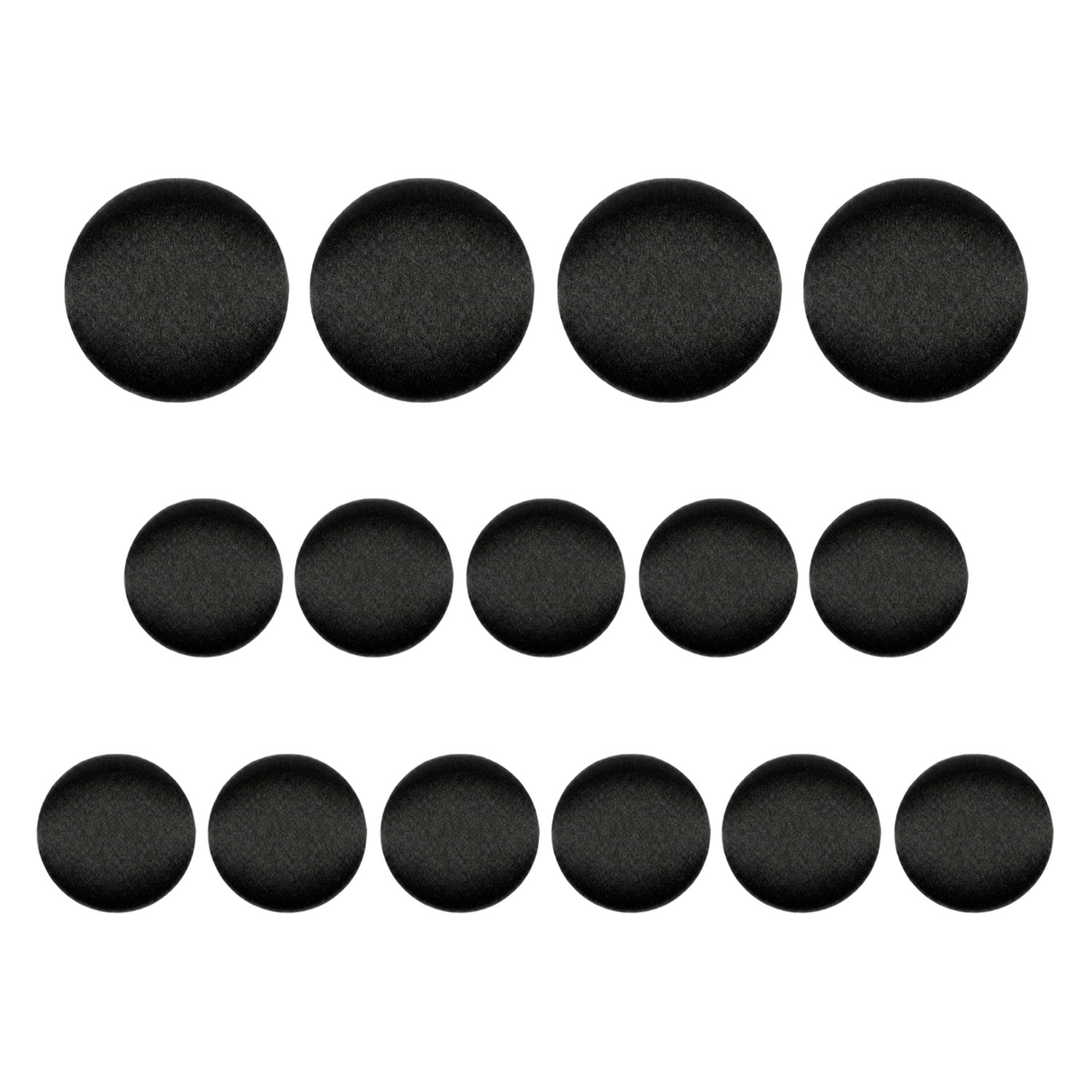 Three rows of Tuxedo Suit Buttons are arranged in increasing quantity from top to bottom on a white background.