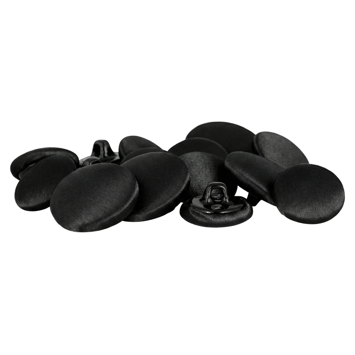 Tuxedo Suit Buttons—round, black satin with shanks—are shown on a white background, ideal for formalwear and adding a refined finish to elegant garments.