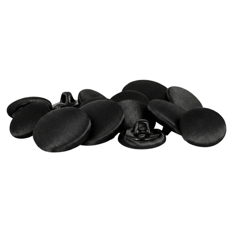 Tuxedo Suit Buttons—round, black satin with shanks—are shown on a white background, ideal for formalwear and adding a refined finish to elegant garments.