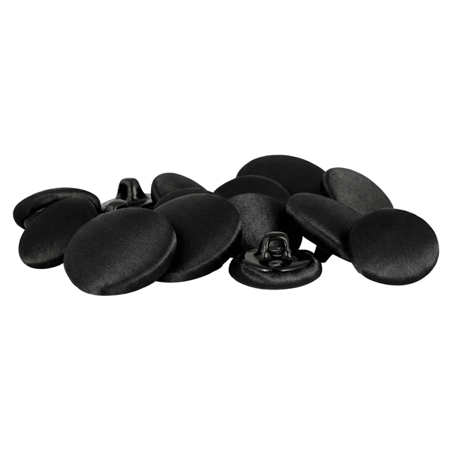 Tuxedo Suit Buttons—round, black satin with shanks—are shown on a white background, ideal for formalwear and adding a refined finish to elegant garments.