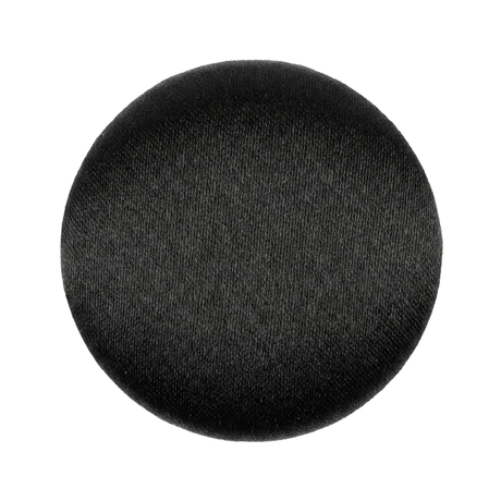 Tuxedo Suit Buttons: round black satin buttons covered in fabric, ideal for formalwear and shown on a white background.