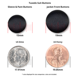 Tuxedo Suit Buttons shown with a US dime and penny for size comparison; measurements in millimeters. These black satin buttons are perfect for formalwear, giving any suit a classic and elegant look.