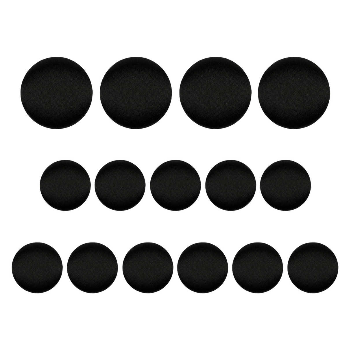 Four rows of Tuxedo Suit Buttons, each featuring black satin buttons arranged in rows with progressively fewer circles.