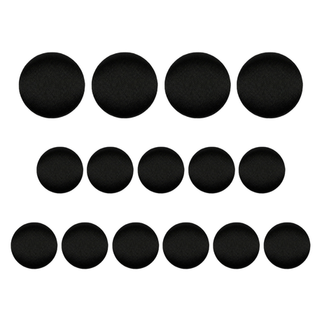 Four rows of Tuxedo Suit Buttons, each featuring black satin buttons arranged in rows with progressively fewer circles.