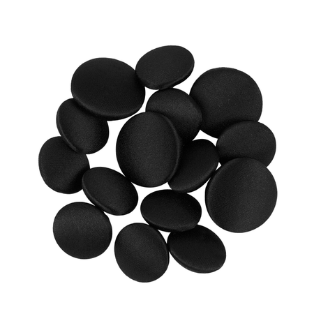A set of round, black Tuxedo Suit Buttons made of satin are closely arranged on a white background.